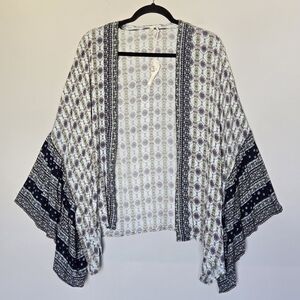 Mystree Bohemian Patterned Open Front Wide Ruffle Bell Sleeve Kimono Cardigan OS